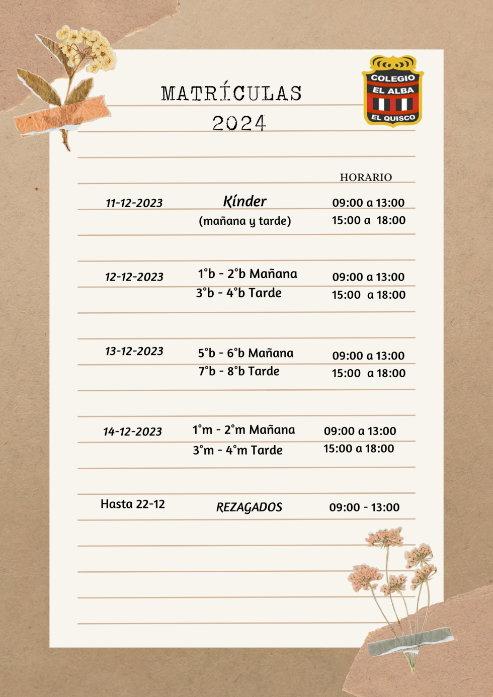 CALENDARIO DE MATRICULAS 2024 – Colegio El Alba
